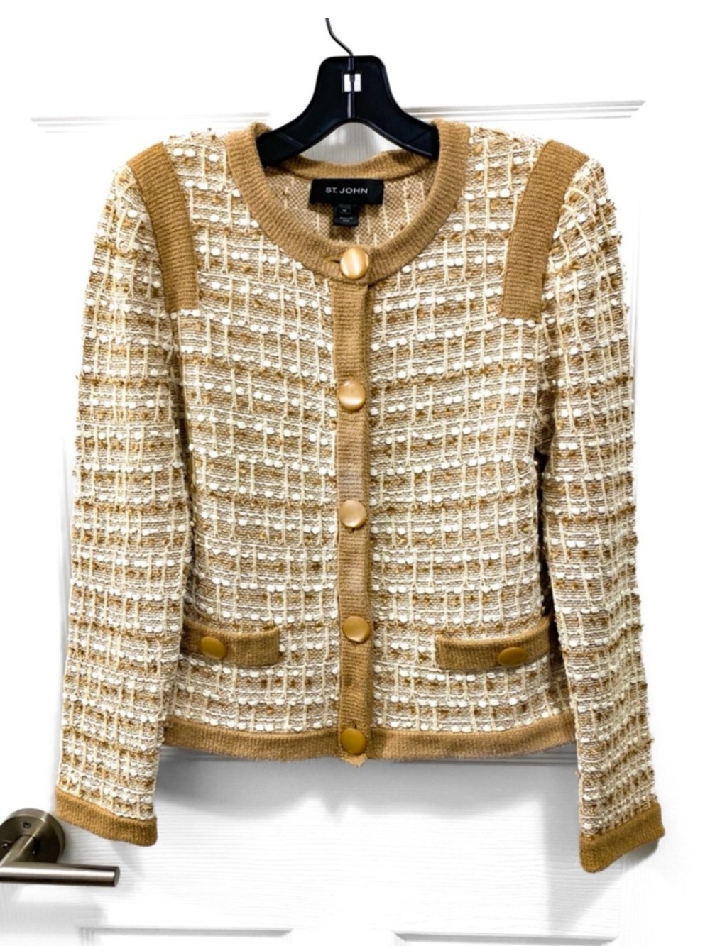 St. John Camel & Cream Button-Front Knit Jacket